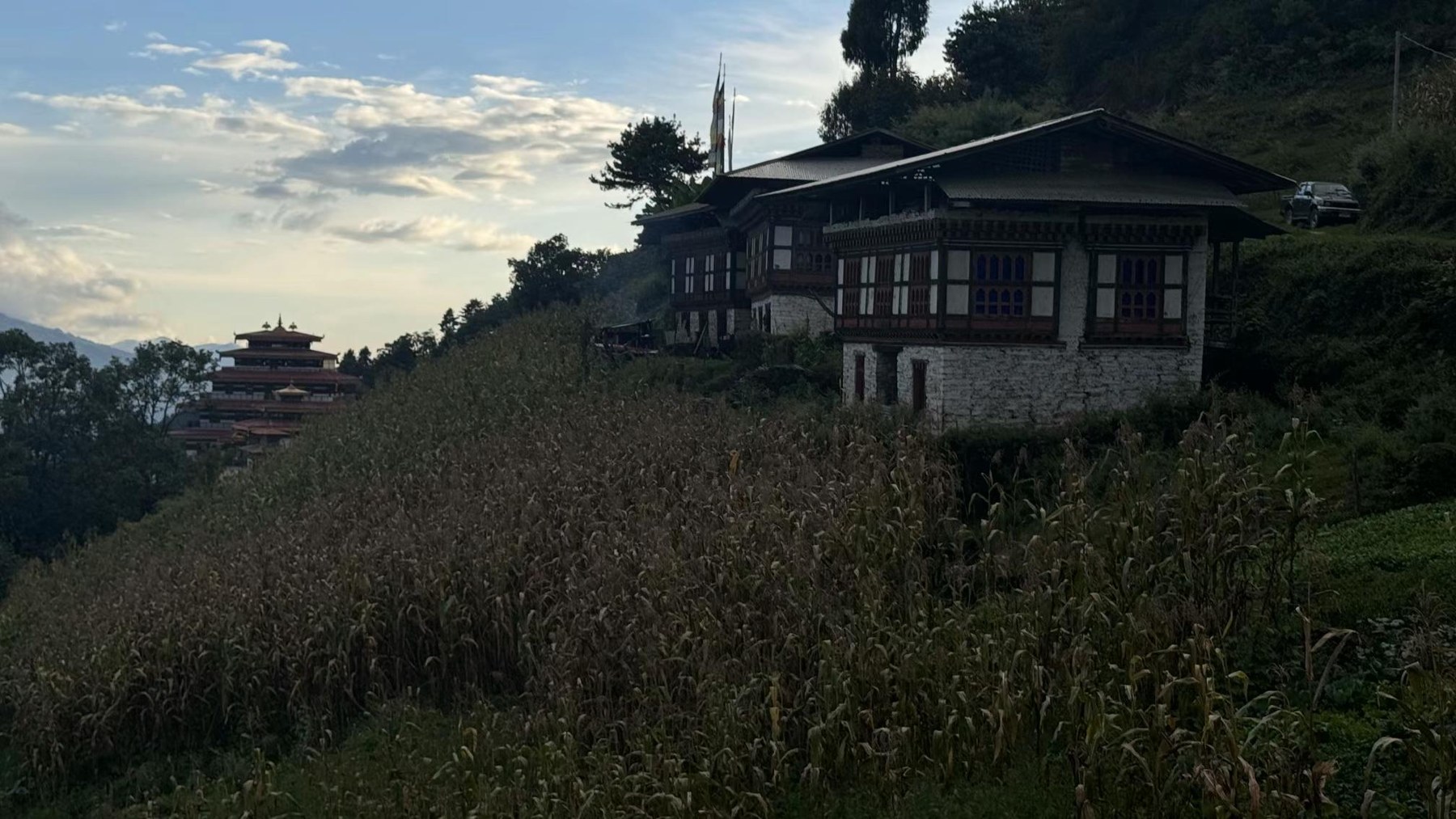 山坡上有一栋深色屋顶的房子，田地伸向远处，天空铺着云。