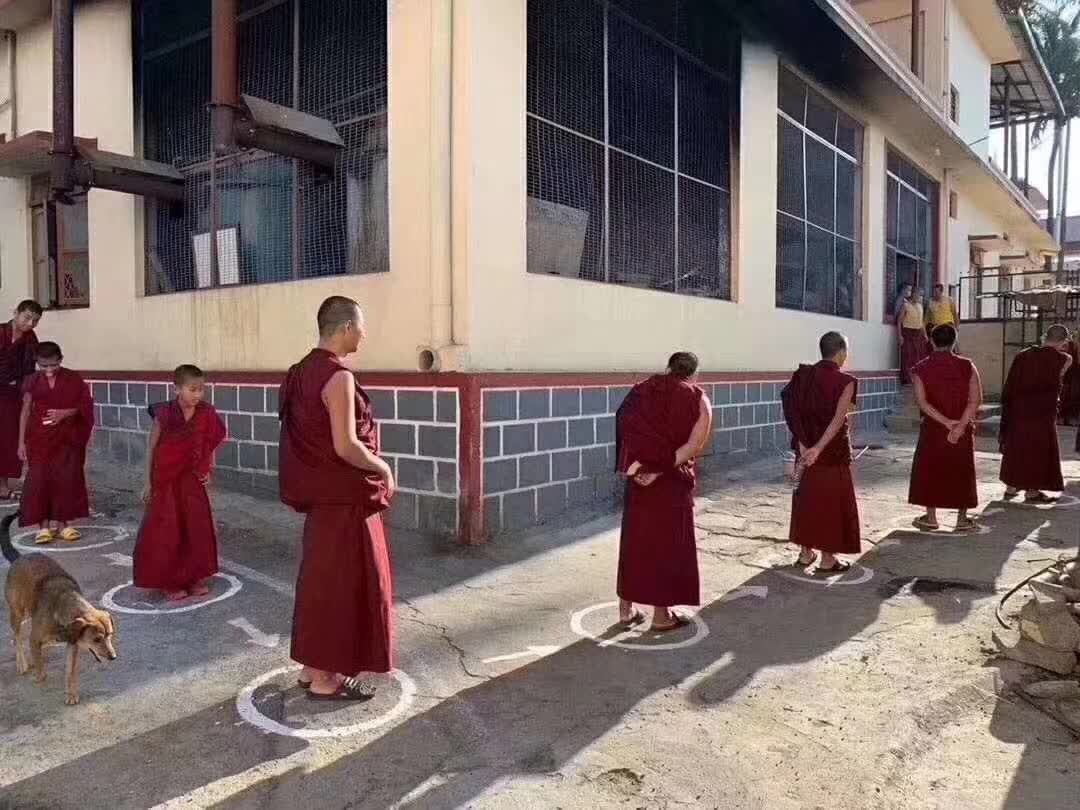 僧人们隔开距离，站在地上的白圈内。